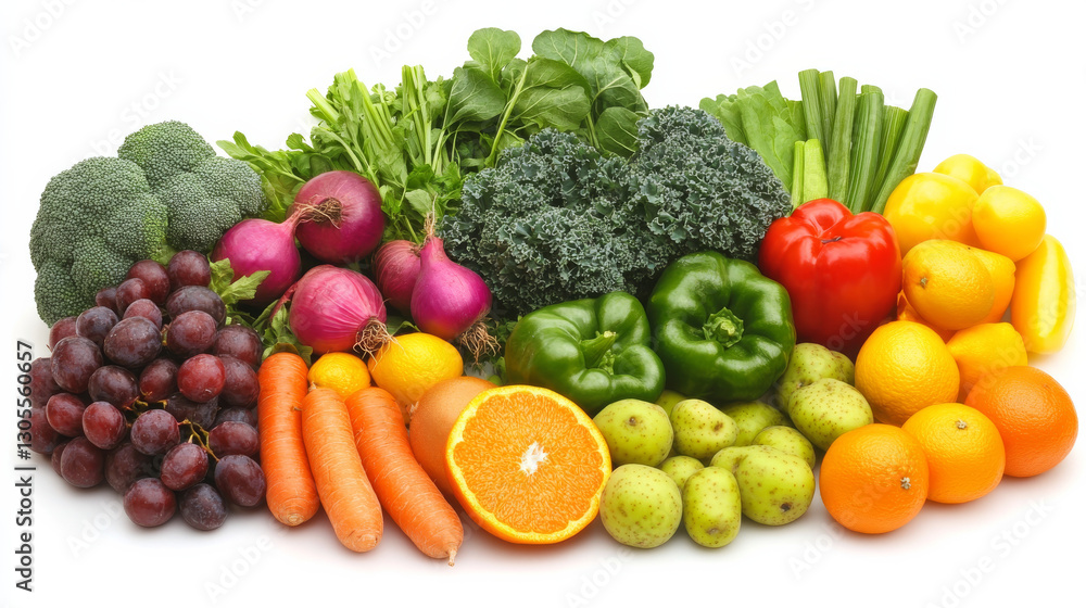 A vibrant collection of multicolored fruits and vegetables displayed against a white background A vibrant collection of multicolored fruits and vegetables displayed against a white background