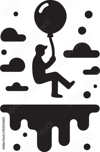 Man floating with balloon in the clouds on a melting platform illustration