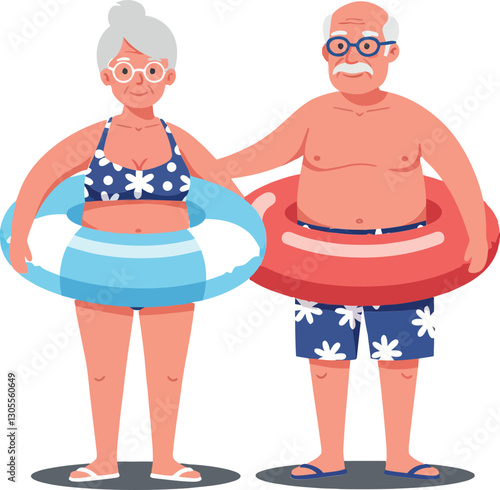 Elderly couple enjoying a sunny day at the pool, wearing colorful swimsuits and floaties in a cheerful, flat vector illustration
