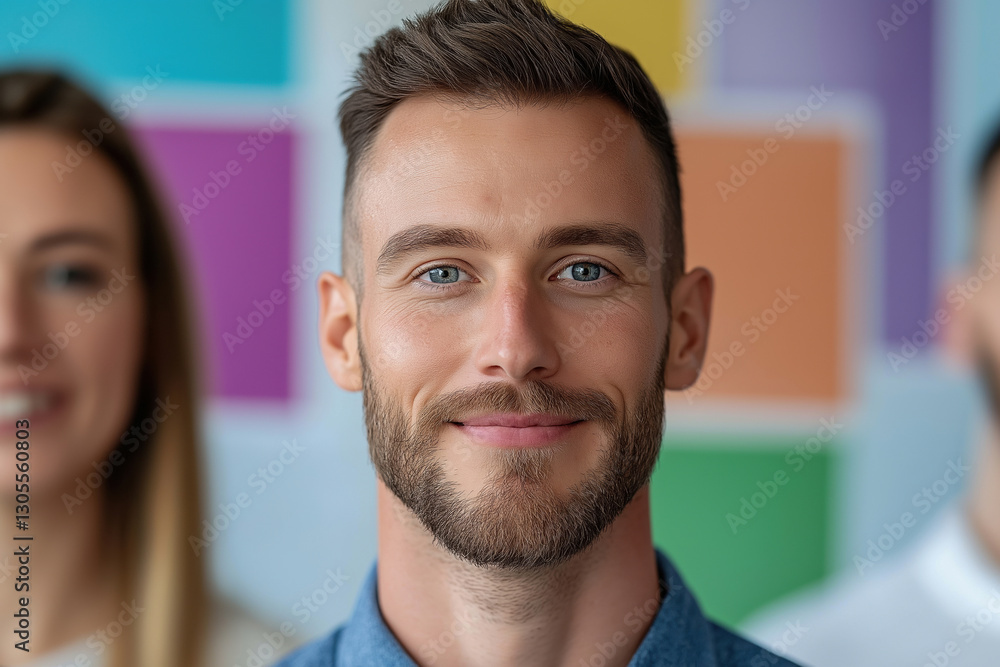 Smiling man with short beard poses confidently in colorful studio workspace Smiling man with short beard poses confidently in colorful studio workspace