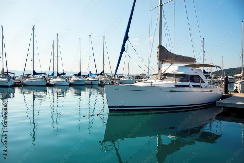 Sailboat docked at marina with calm waters below, reflection, harbor, serene Sailboat docked at marina with calm waters below, reflection, harbor, serene