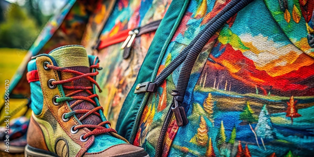 Fototapeta premium Macro Close-up of Hand-Painted Adventure Gear Pattern: Camping Backpack, Hiking Boots, and Tent Fabrics