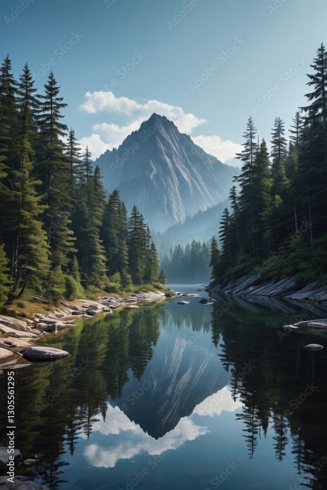 Naklejka premium mountains reflected in a lake surrounded by trees and rocks