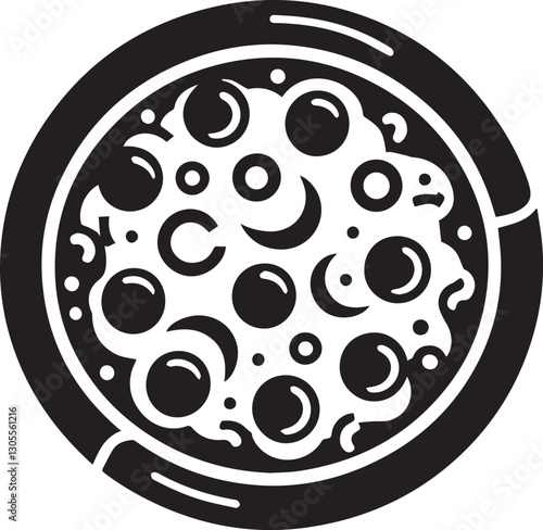 Black and white pizza illustration with pepperoni and cheese detail