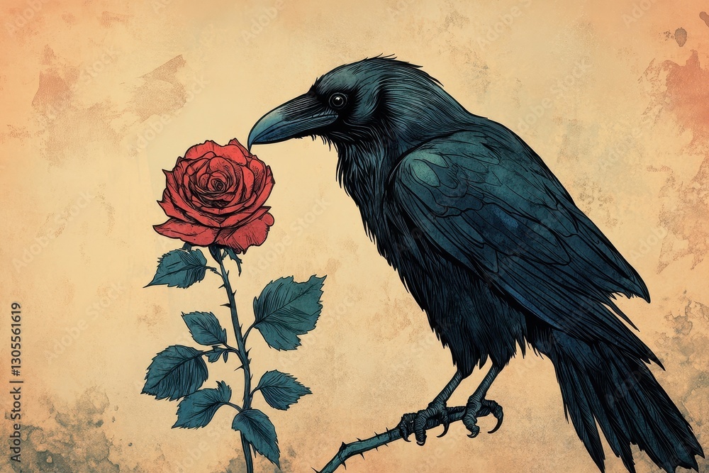 Fototapeta premium A dark bird perched beside a delicate red rose carefully