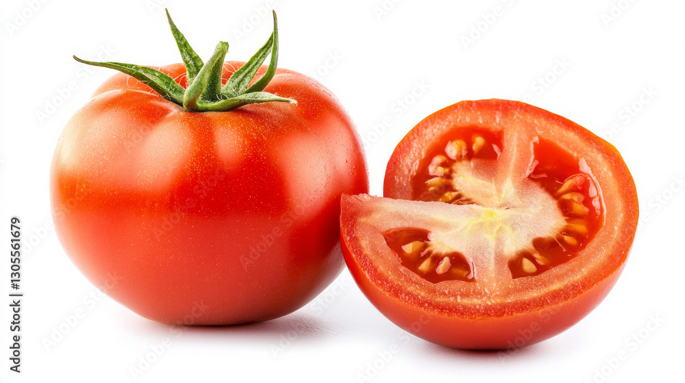 A whole tomato and a sliced piece arranged on a white background A whole tomato and a sliced piece arranged on a white background