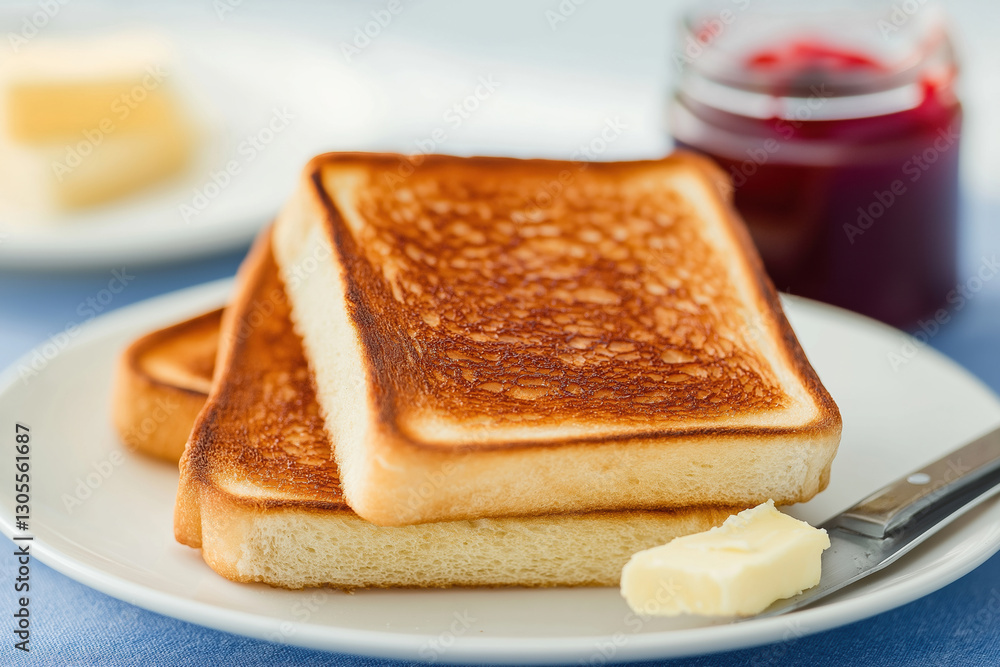 Freshly toasted bread with butter and jam served on a plate for breakfast Freshly toasted bread with butter and jam served on a plate for breakfast