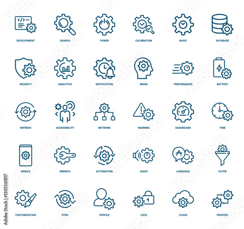 essential elements gear set line icons, time wrench mobile automation