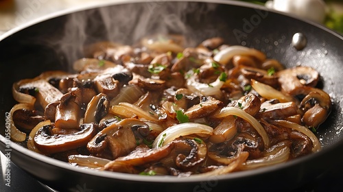 Skillet of sauted mushrooms and onions sizzling in butter edges lightly caramelized capturing the rich savory aroma rising from the pan