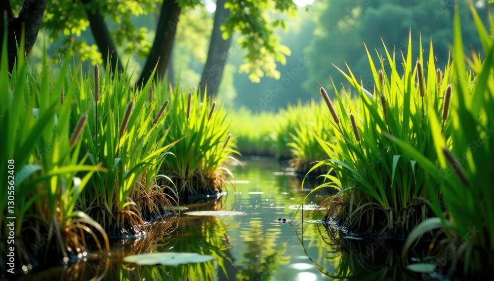Fototapeta premium Dense thorny reed growth in a shaded wetland area, reeds, wetlands