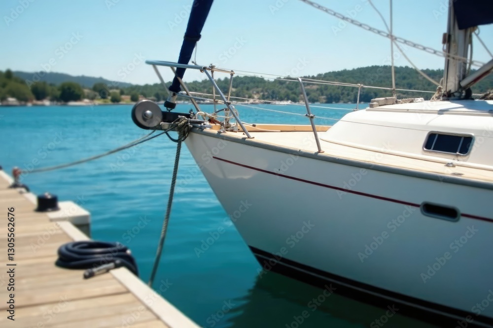 Fototapeta premium Sailboat secured to dock with winch and ropes, rope, dock