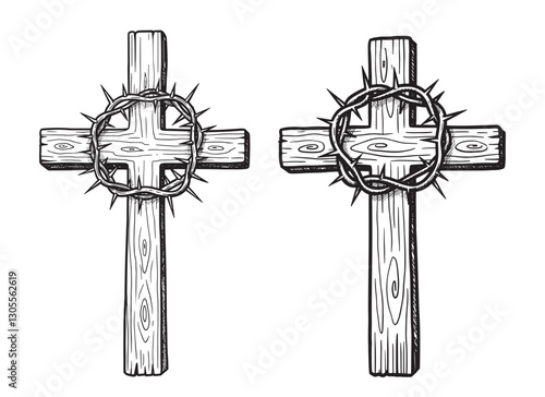 Black and White Sketch of Wooden Crosses with Crown of Thorns for Religious Art