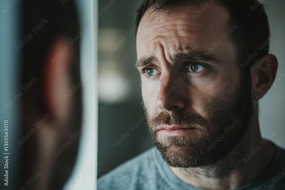 A man looks in the mirror with a sad expression – self-criticism . A man looks in the mirror with a sad expression – self-criticism .