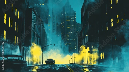 City road in 1950s style with neon glow through fog and bold comic ink lines