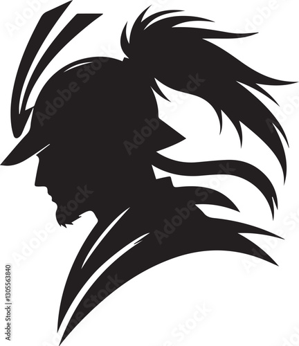Silhouette of a knight with a feathered helmet and ponytail design