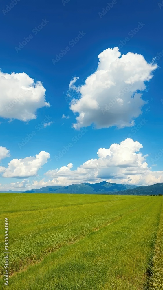 A serene scene of a green grass field under a brilliant blue sky with cumulus clouds and distant mountain peaks, Cumulus Clouds, Nature, Countryside A serene scene of a green grass field under a brilliant blue sky with cumulus clouds and distant mountain peaks, Cumulus Clouds, Nature, Countryside