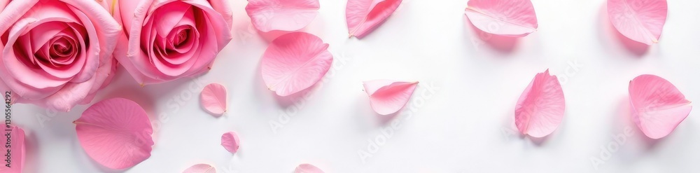 Fototapeta premium Soft pink rose petals scattered on a white background, pink flowers, spring