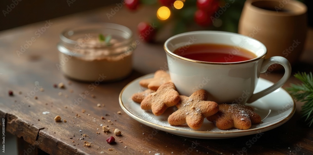 Warm cup of tea on a wooden table next to a plate of sweet gingerbread cookies, dessert, baking Warm cup of tea on a wooden table next to a plate of sweet gingerbread cookies, dessert, baking