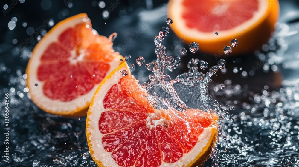 Grapefruit slices submerged in water with water droplet effect Grapefruit slices submerged in water with water droplet effect