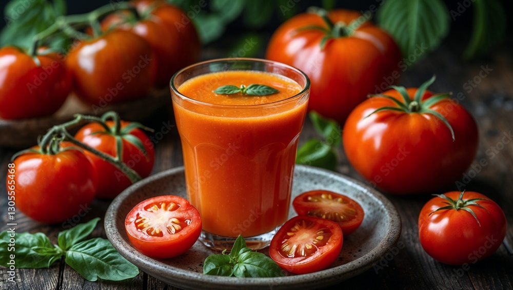 Fresh tomato juice with herbs on rustic wooden table Fresh tomato juice with herbs on rustic wooden table