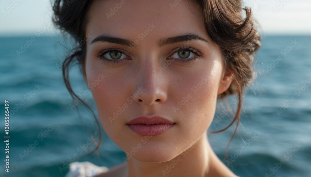 Pensive woman with dark hair against ocean background Pensive woman with dark hair against ocean background