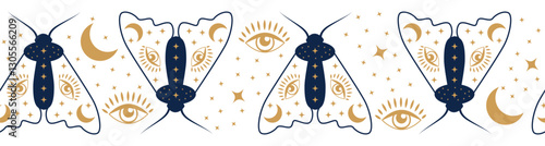 Horizontal border, set Magic and heavens seamless pattern, with magical elements Symbols of witchcraft theme