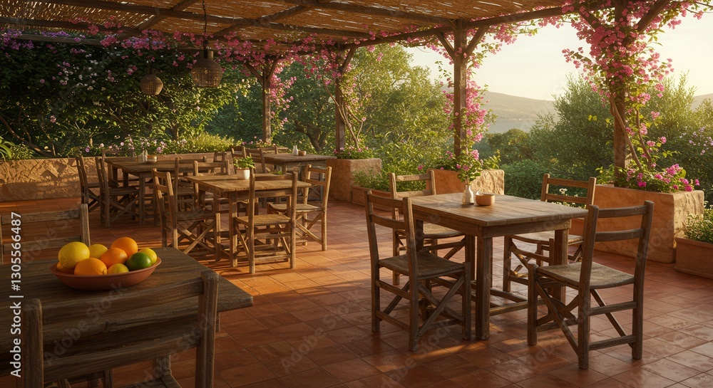 Fototapeta premium Charming Outdoor Restaurant Terrace with Wooden Furniture and Blooming Flowers