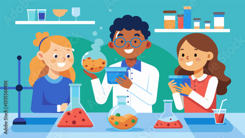 The smell of freshly baked cookies wafts through the lab as students conduct experiments on food chemistry and the effects of heat on different ingredients.. Vector illustration