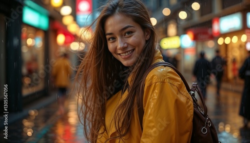 Wallpaper Mural Smiling young woman with cheerful mood walking in the rain on a vibrant street
 Torontodigital.ca