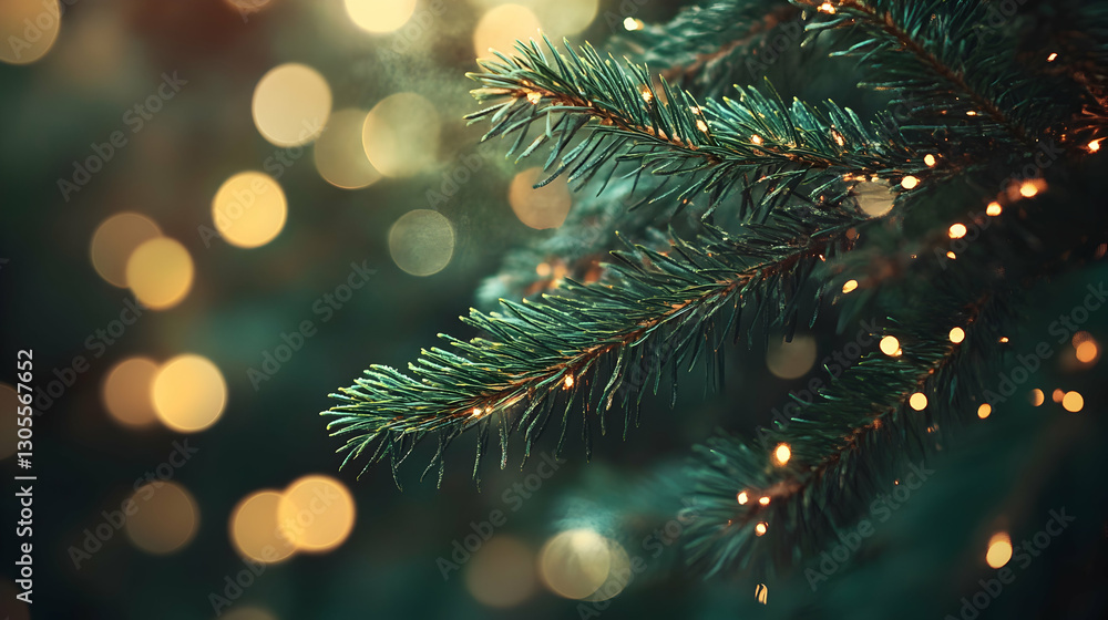 Lush pine tree branches with deep green needles set against a glowing bohemian backdrop Lush pine tree branches with deep green needles set against a glowing bohemian backdrop