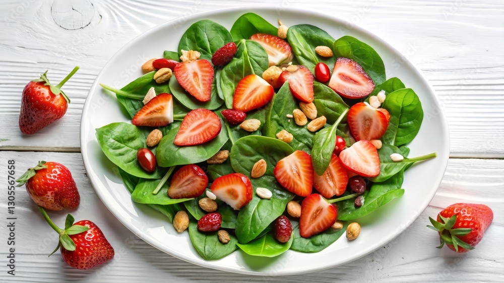 A fresh strawberry spinach salad topped with crunchy almonds, served on a white plate. Lightly dressed with a balsamic vinaigrette for a delicious balance of sweet and savory A fresh strawberry spinach salad topped with crunchy almonds, served on a white plate. Lightly dressed with a balsamic vinaigrette for a delicious balance of sweet and savory