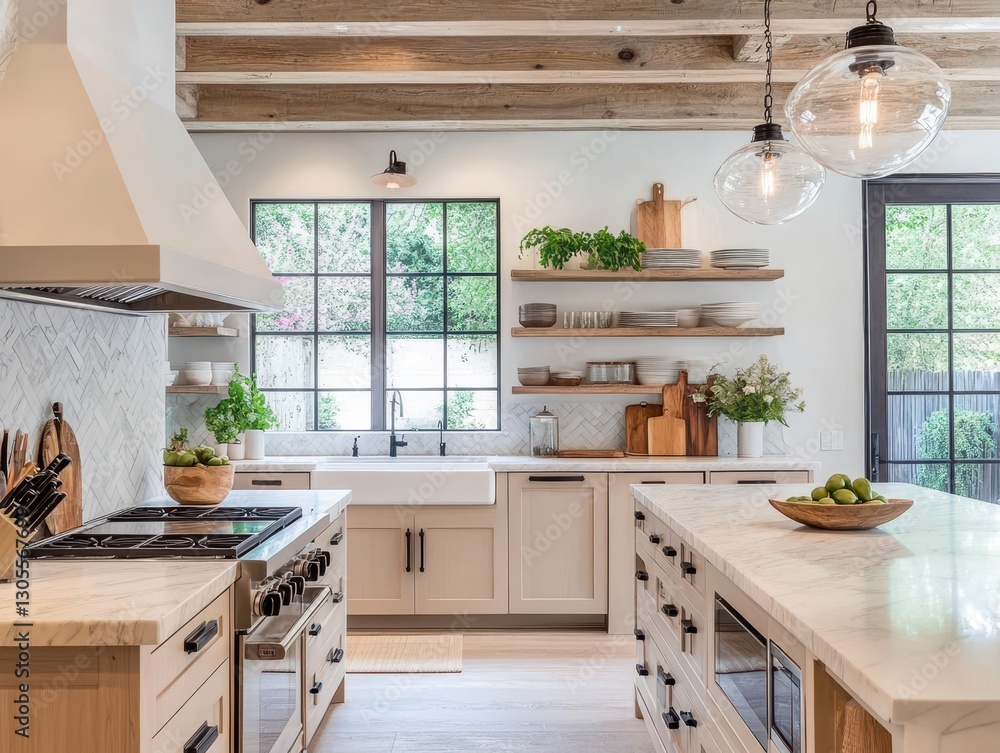 Fototapeta premium Modern open kitchen design with wood beams and natural light