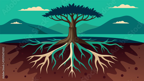 The trees roots seemed to dive deep into the ground a metaphor for the vast amount of data that is hidden and untapped.. Vector illustration
