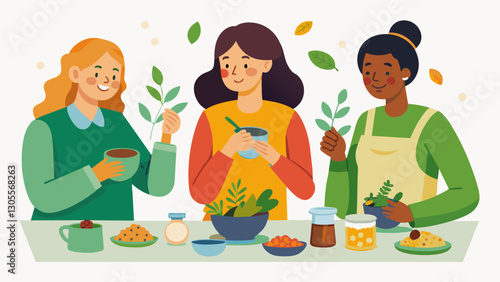 The workshop attendees try their hand at creating their own herbal tea blends selecting from a variety of dried herbs and es known for their healing properties.. Vector illustration
