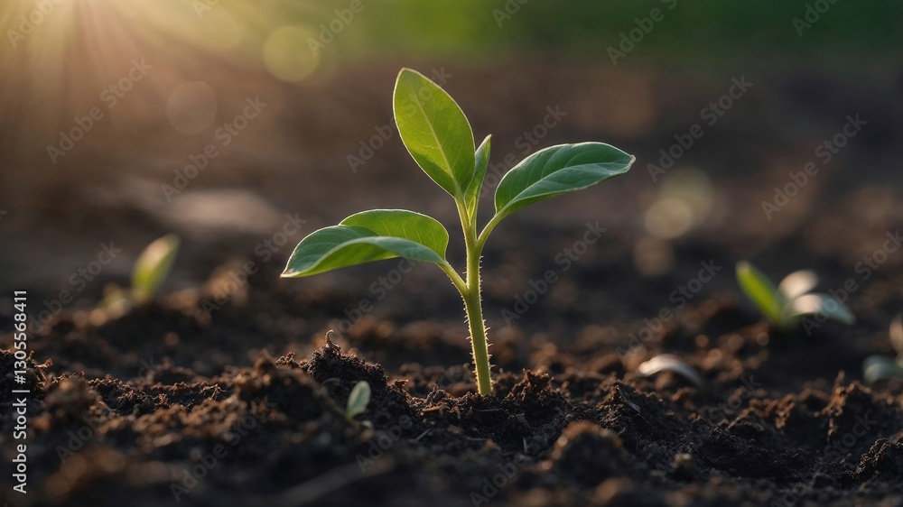 Fototapeta premium Fresh green seedling growing in rich soil at sunrise
