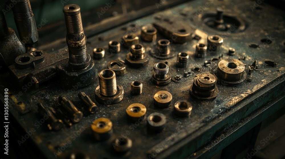 An array of various metal components on a rough working surface An array of various metal components on a rough working surface