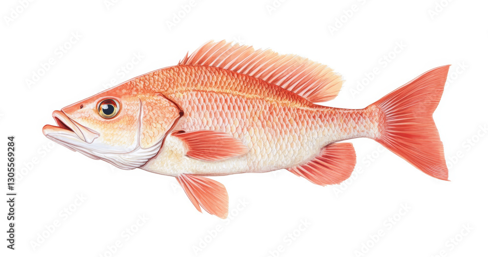 Obraz premium A fresh red snapper fish with vibrant reddish-pink scales, isolated on a white background.
