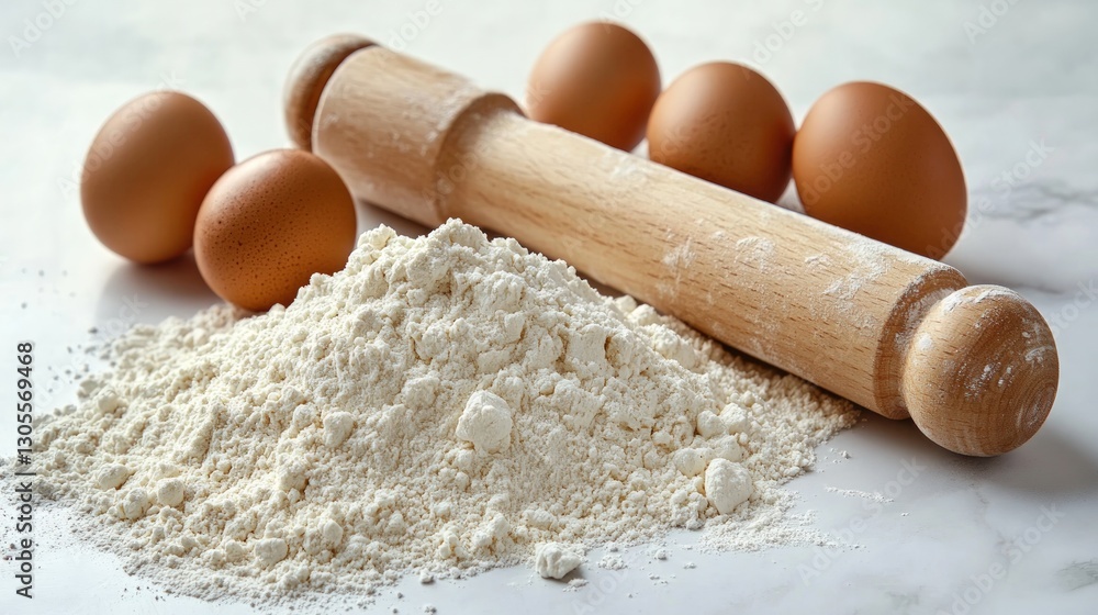 Flour, eggs, and rolling pin on marble countertop Flour, eggs, and rolling pin on marble countertop