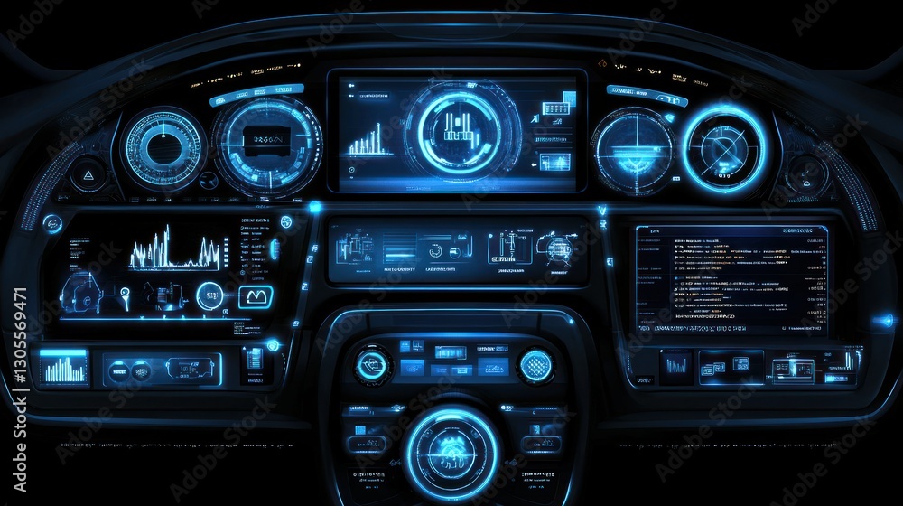 Fototapeta premium The futuristic dashboard displays data using digital blue colored lights