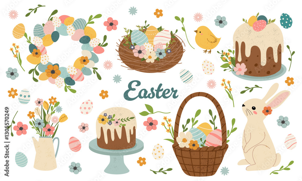 Set of flat vector illustrations in children's style on the theme of Easter holidays. Cute bunny, chick, Easter eggs, nest, basket, cakes and flowers. Set of flat vector illustrations in children's style on the theme of Easter holidays. Cute bunny, chick, Easter eggs, nest, basket, cakes and flowers.