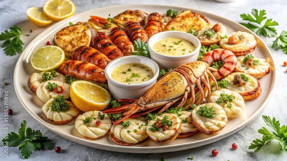 custom made wallpaper toronto digitalLuxurious seafood platter featuring grilled lobster tails, shrimp, scallops, calamari, lightly charred with golden edges. Served with garlic butter and aioli, garnished with lemon wedges and parsley
