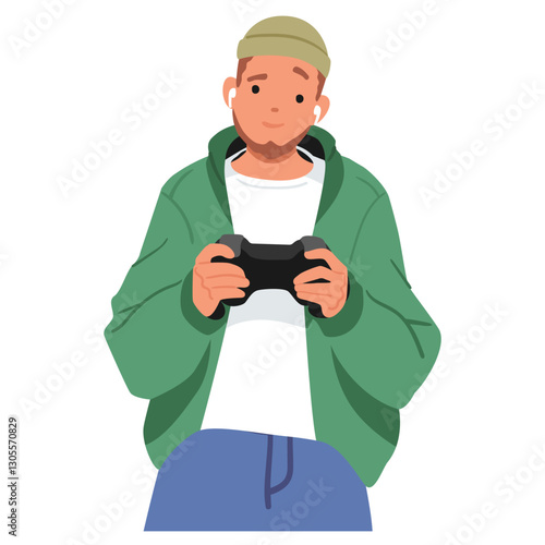 Video game developer character playing gamepad holding console in hands engaged in testing process