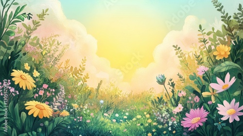 A vibrant watercolor painting of a sunny flower meadow scene