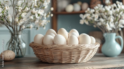 seasonal table decor, easter eggs in a wicker basket on a wooden table with pastel spring decor in the background creates a traditional scene photo