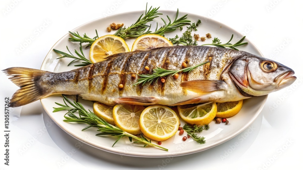 Grilled whole fish garnished with fresh lemon slices and aromatic herbs, showcasing natural flavors and a savory finish. Set against a clean white background for a fresh, simple presentation Grilled whole fish garnished with fresh lemon slices and aromatic herbs, showcasing natural flavors and a savory finish. Set against a clean white background for a fresh, simple presentation