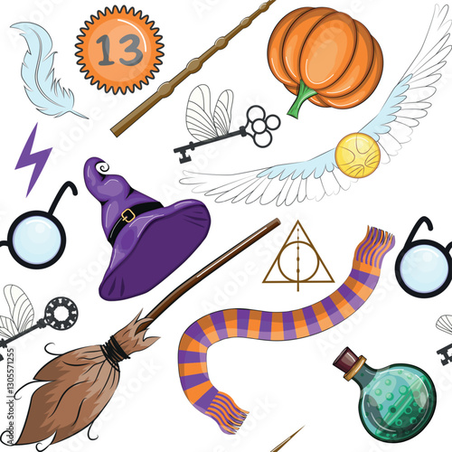 Magic items seamless pattern in cartoon bright style. Witchcraft and sorcery, Esotericism and mysticism, occultism