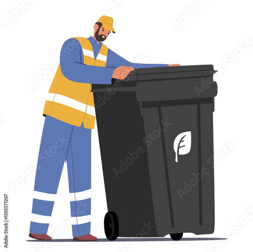 Man collector character pushing container with organic waste engaged in city clean job occupation