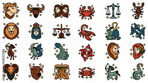 Zodiac Signs: A colorful collection of zodiac symbols and astrological signs, each representing different personality traits, elements, and dates, create a vibrant display of celestial imagery.
