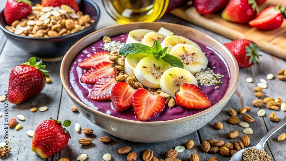 Rich acai smoothie bowl topped with banana, strawberries, granola, coconut shavings. Creamy texture contrasts with crunchy toppings, creating perfect health focused dish in modern ceramic bowl Rich acai smoothie bowl topped with banana, strawberries, granola, coconut shavings. Creamy texture contrasts with crunchy toppings, creating perfect health focused dish in modern ceramic bowl