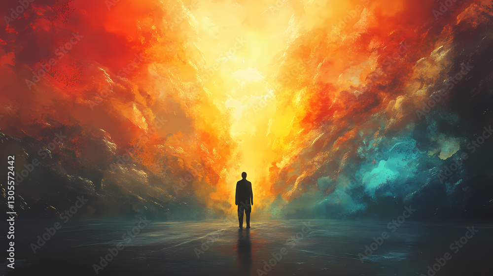 A solitary figure stands before a radiant abstract background emanating light and color representing a journey of introspection and existential exploration. Truth - Stone. Illustration A solitary figure stands before a radiant abstract background emanating light and color representing a journey of introspection and existential exploration. Truth - Stone. Illustration